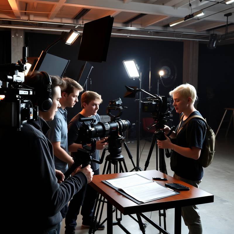 A group of students learning about film lighting techniques with professional lighting equipment during the 'Lighting for Film and TV' course.