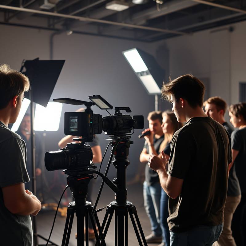 A group of students learning about lighting techniques with professional lighting equipment during the 'Lighting for Film and TV' course.
