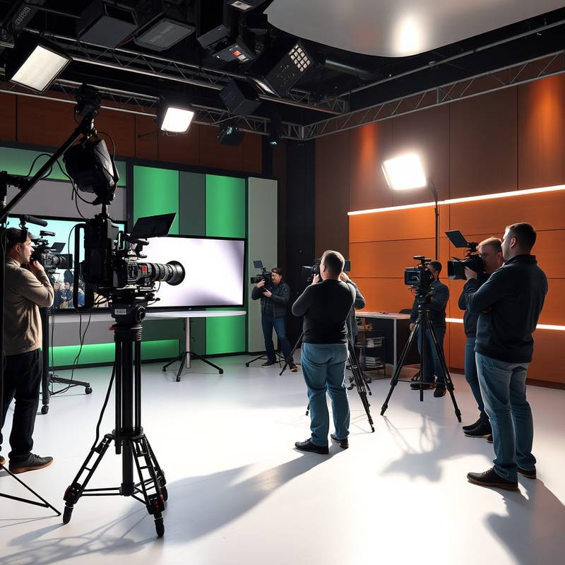 A production crew setting up for a multi-camera shoot in a TV studio during the 'Multi-Camera Production' course.