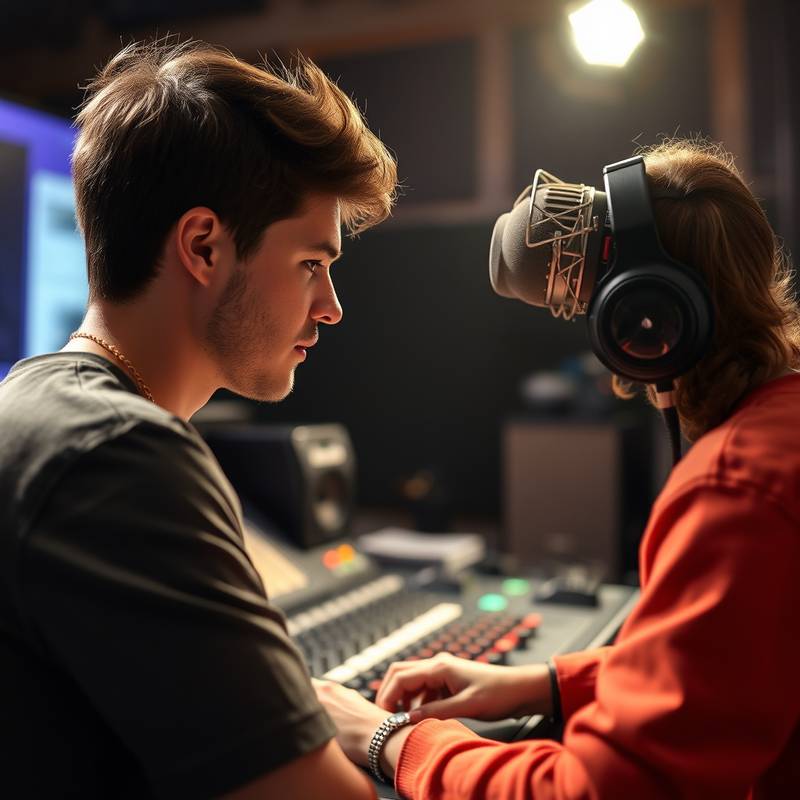 A student focused on audio mixing using professional equipment in a studio setting during the 'Advanced Audio Production' course.