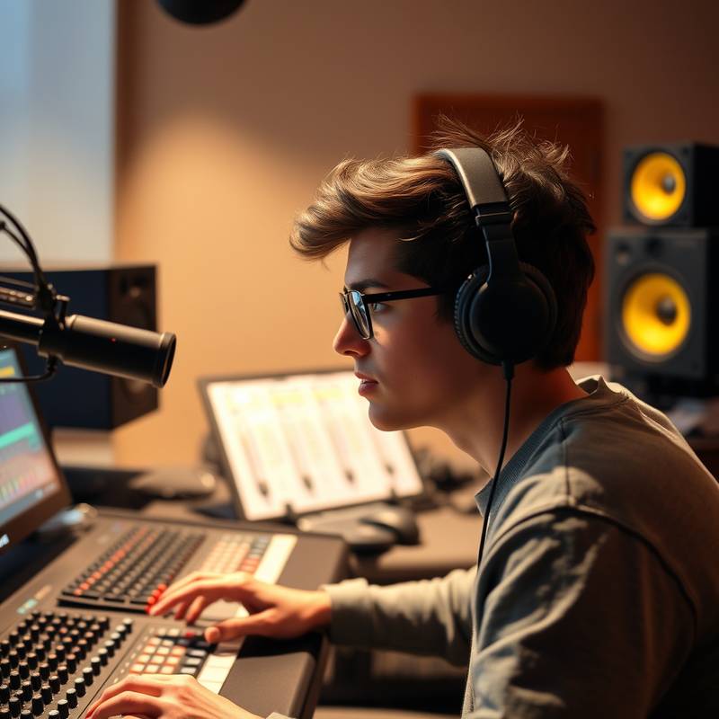 A student working on audio mixing in a professional studio setting during the 'Advanced Audio Production' course.