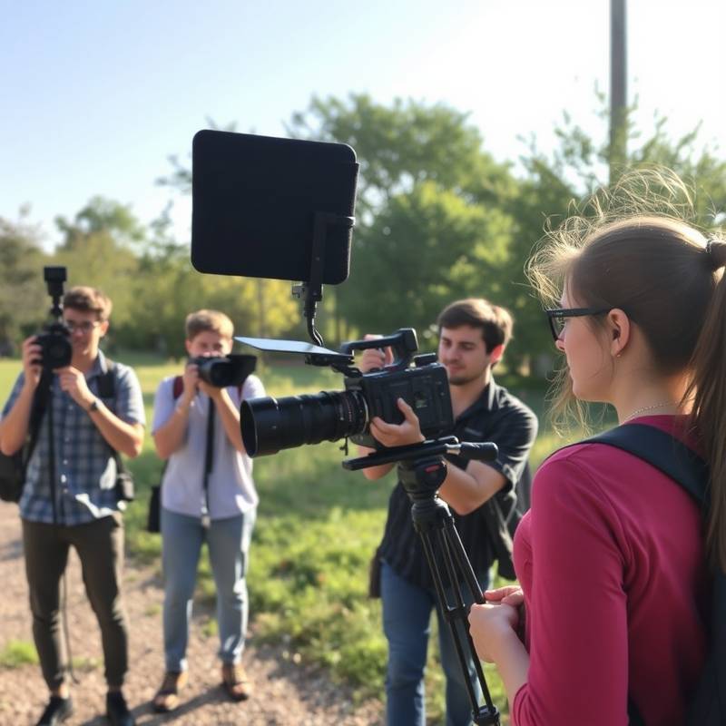 Students filming a scene outdoors during the 'Introduction to Filmmaking' course.